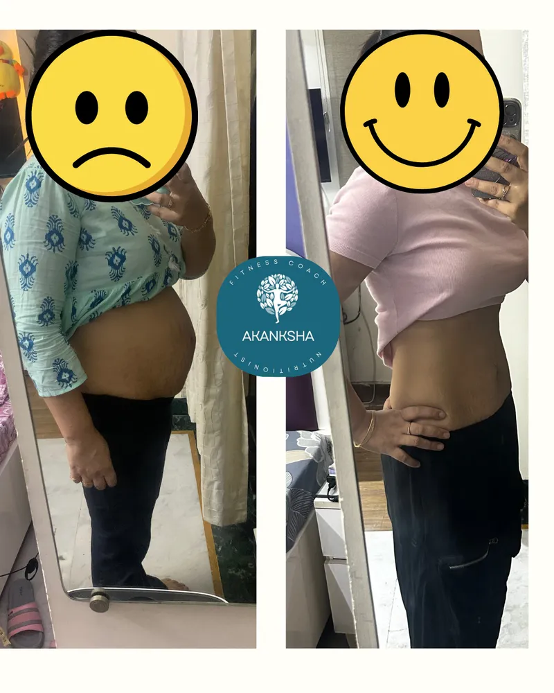 Side-profile before-and-after of a client's waistline after coaching (identity protected).
