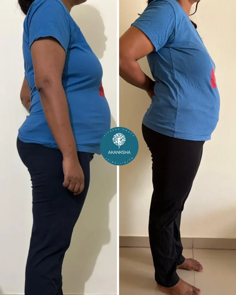 Side-profile before-and-after of a client's core and waistline after a coaching programme (identity protected).