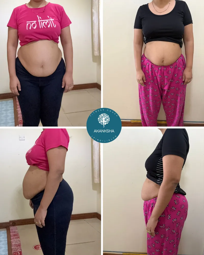 Front-and-side before-and-after grid of a client's belly and core after coaching (identity protected).