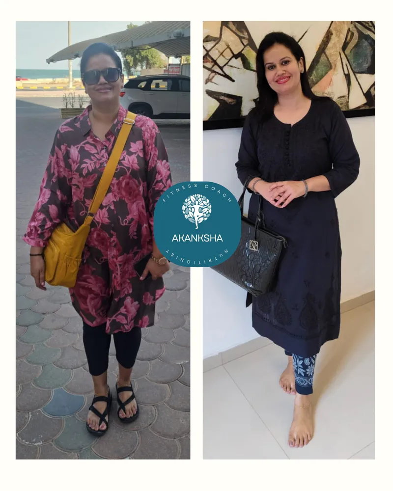 Full-body before-and-after of a client's weight-loss transformation, shared with permission.